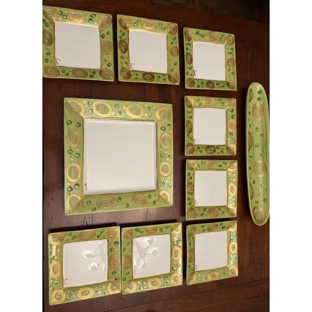 Vintage Mayfair & Jackson 9-Piece Square‎ Plate Set Green Metallic Gold Swirls